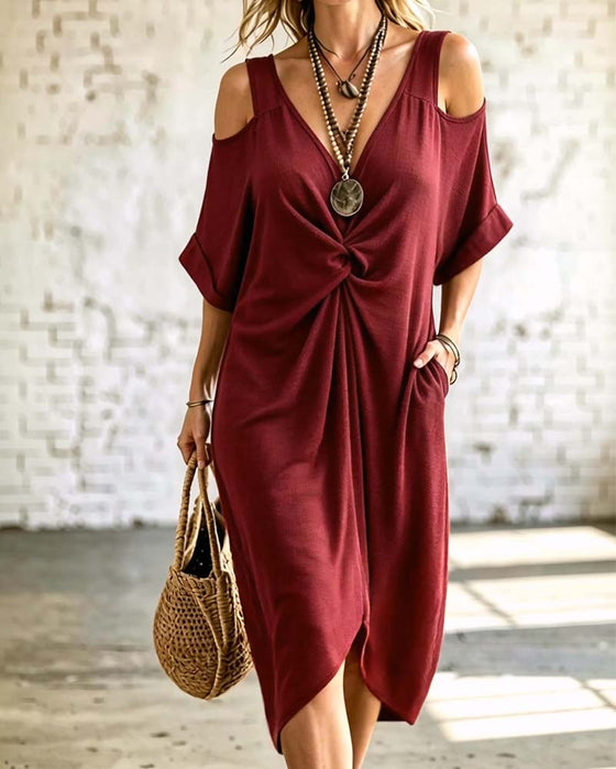 Kleid Einfarbig Kalt Schulter Gekraust