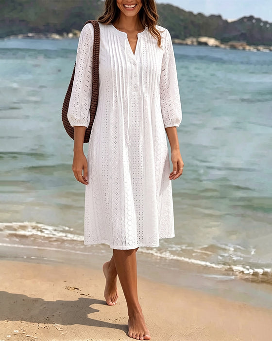 kleid v‑ausschnitt gerafft durchbrochen einfarbig