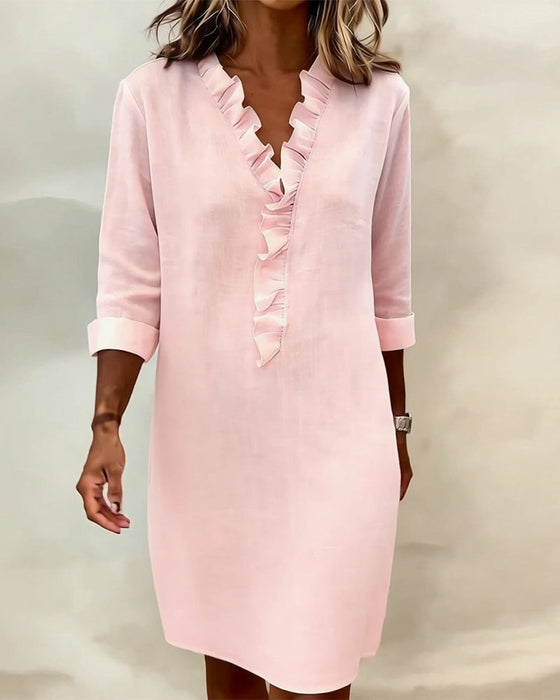 Kleid gerüscht V-Ausschnitt einfarbig