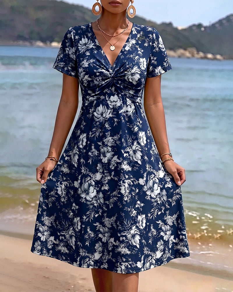 Kleid Blumen V-Ausschnitt Twist Knoten