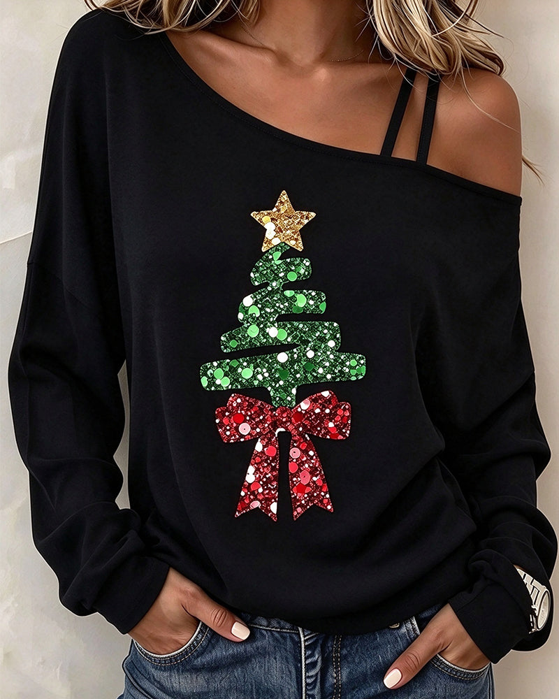 Top Asymmetrischer Träger Weihnachtsbaum Cold Shoulder