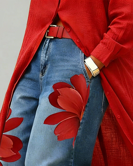 Blumenbedruckte Cropped-Jeans Mit Weitem Bein