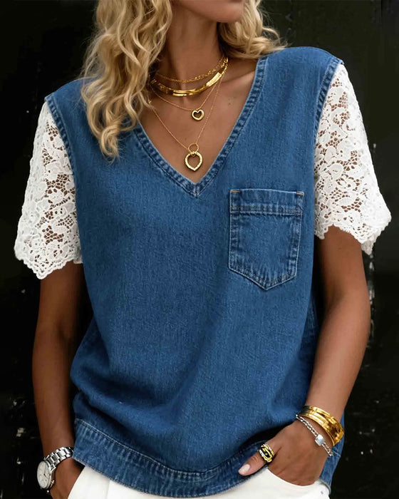 Top Denim Spitze Patchwork V-Ausschnitt