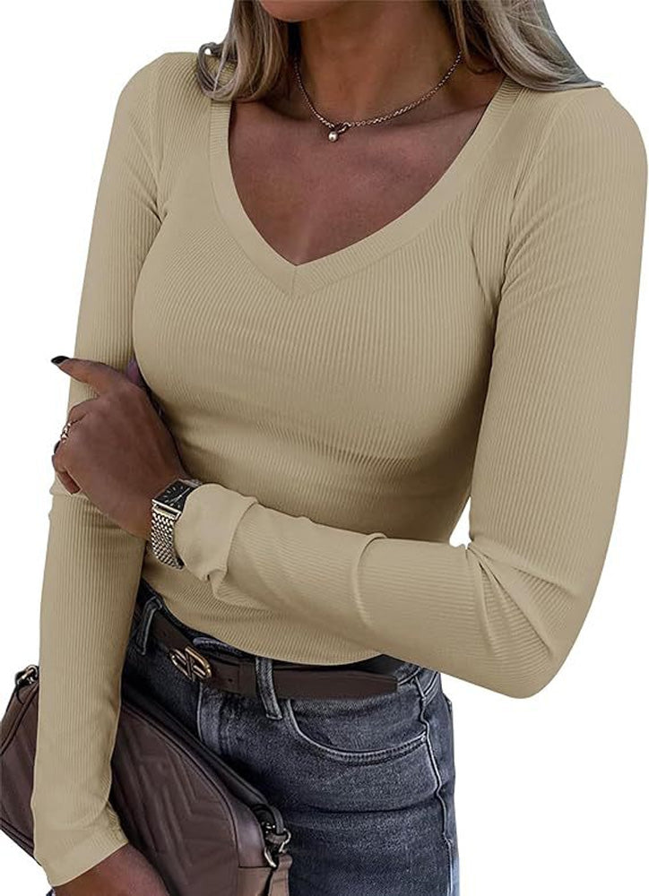 Top V-Ausschnitt Slim Langarm