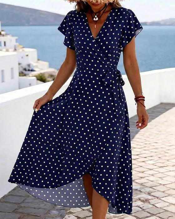 Kleid V-Ausschnitt Tupfen Rüsche Taille