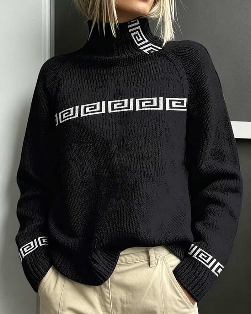 Pullover Sweater Geometrischer Mäander Rollkragen