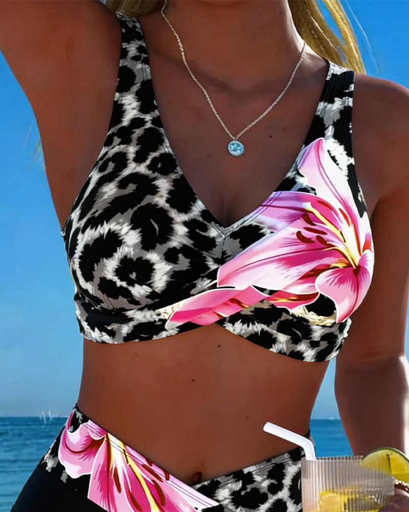 Bikini Leopard Druck Blumig Kontrastfarbe
