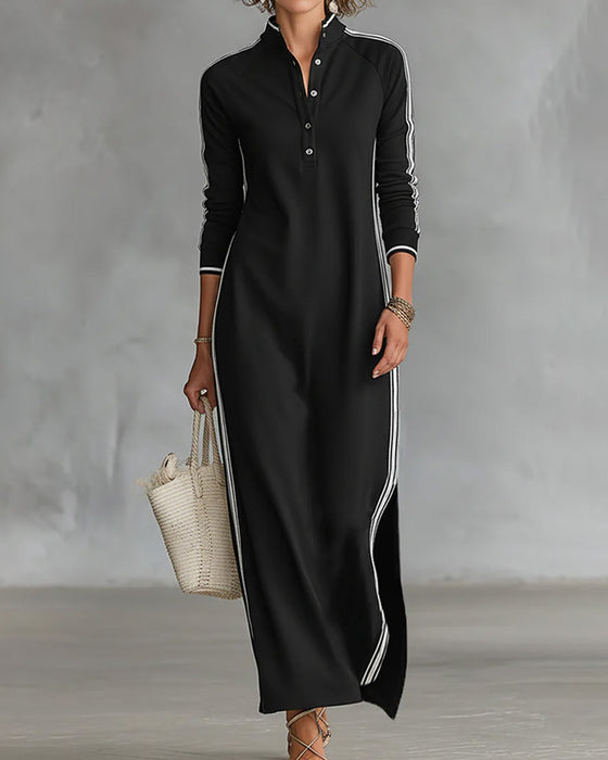 Kleid Kontrast Knopf V-Ausschnitt