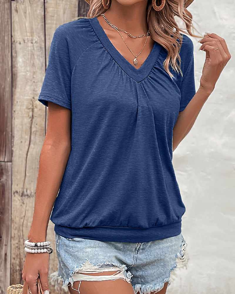 T-Shirt casual plissiert V-Ausschnitt