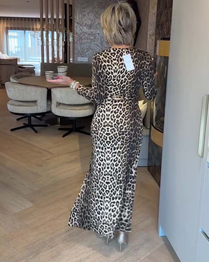 Kleid Leopard Druck V-Ausschnitt Wickel Schlitz