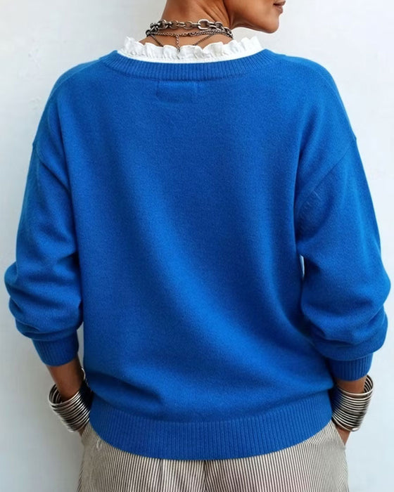 Pullover Faux Zweiteilig V-Ausschnitt Spitzenbesatz