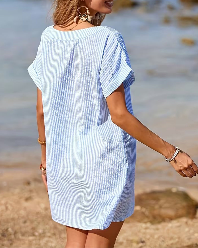 Kleid Kleiner V-Ausschnitt Strukturiert Gestreift