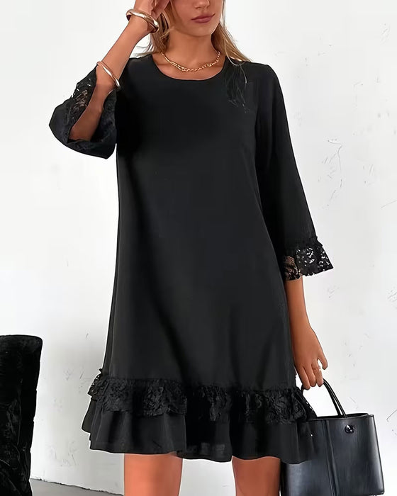 Kleid Rundhals Halblange Ärmel Spitzenflickwerk