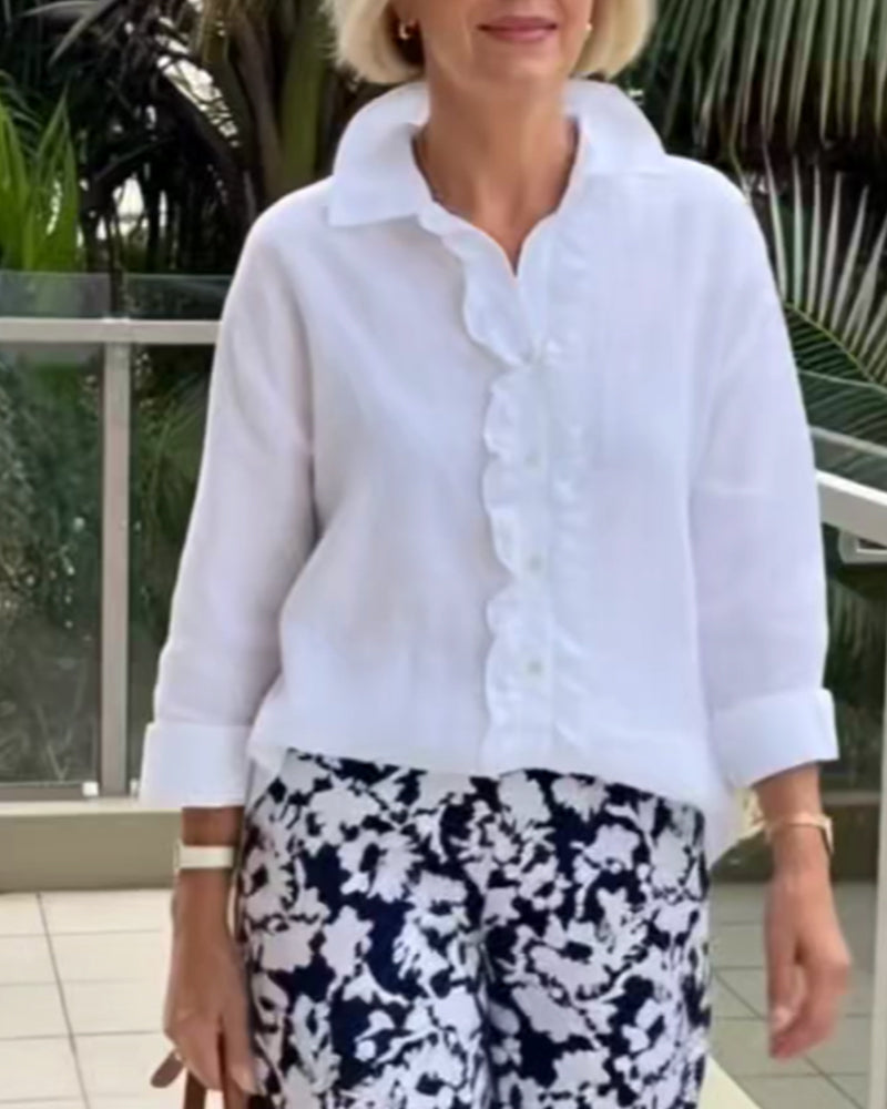 Bluse gerüscht langärmlig einfarbig Kragen