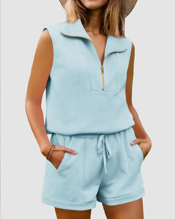 Set Halb-Reißverschluss Top Und Shorts Zweiteilig