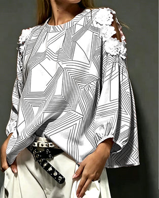 Bluse Rundhals Off-Shoulder Geometrisch Locker