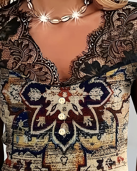 Retro-Bluse Mit V-Ausschnitt Und Spitzenbesatz