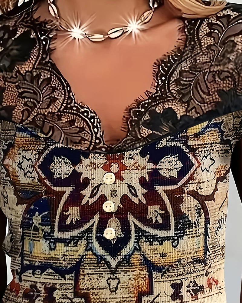 Retro-Bluse Mit V-Ausschnitt Und Spitzenbesatz