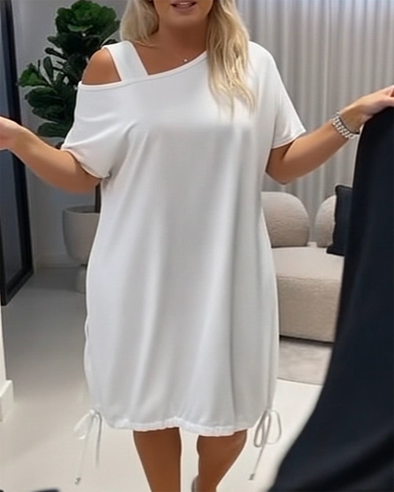 Kleid Unifarben Off-Shoulder Kordelzug Lässig