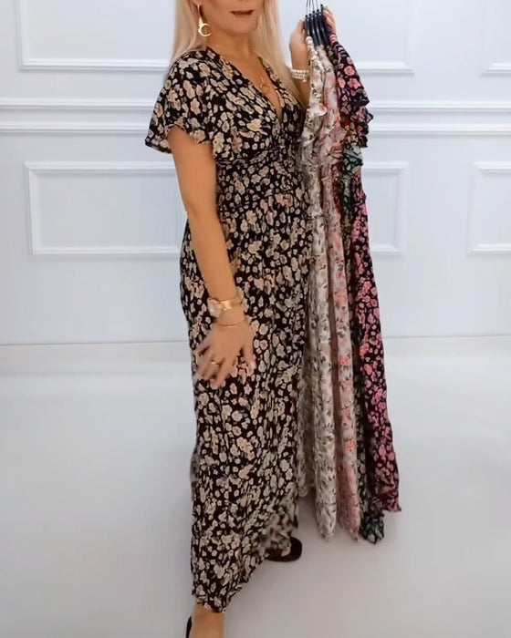 Kleid lässig Blumendruck V-Ausschnitt