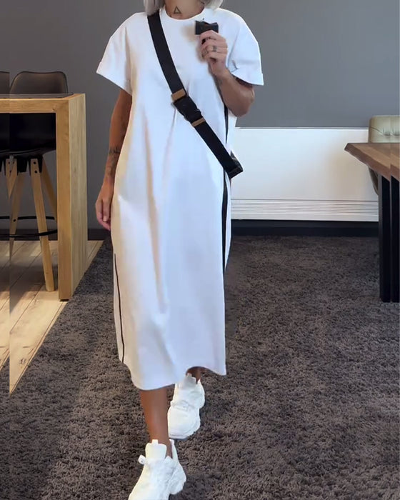 Kleid Rundhals Kontrastfarbe Schlitz Lässig