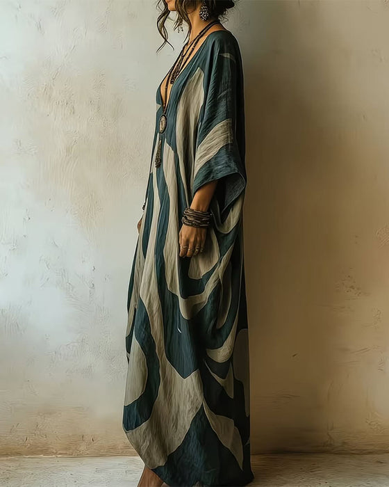 Kleid Tiefes V Abstraktes Wellen Print