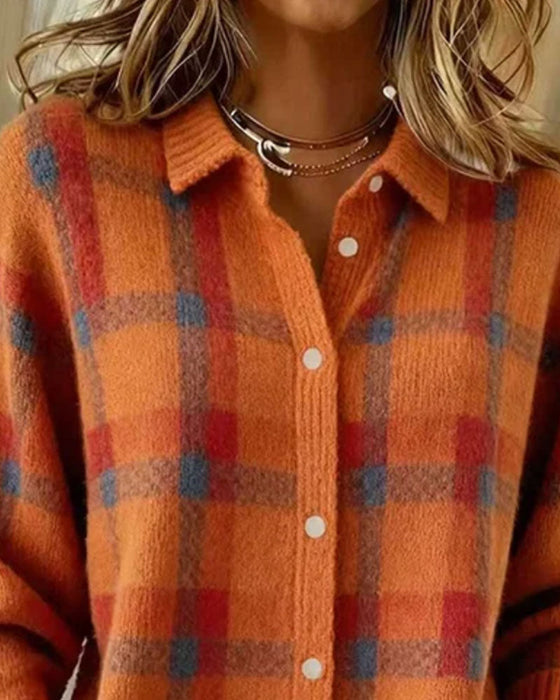 Strickjacke Karomuster Hemdkragen Geknöpft