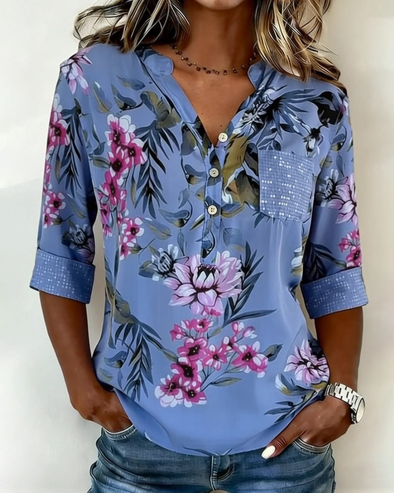Bluse V-Ausschnitt Pailletten Floral
