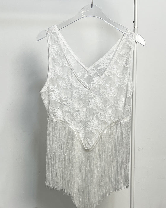 Tanktop Sexy Spitze Spaghettiträger Fransen