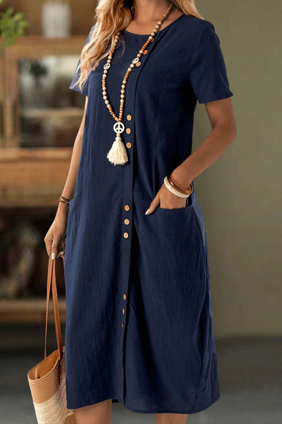 Kleid Geknöpft Kurzarm Tasche Shift