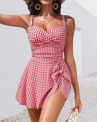 Einteilig Kariert Halter Kleid Schleife