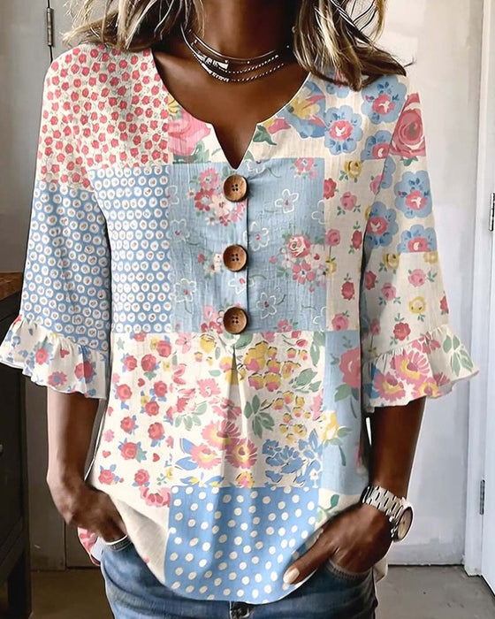 Bluse Kurzarm Blumenprint Patchwork