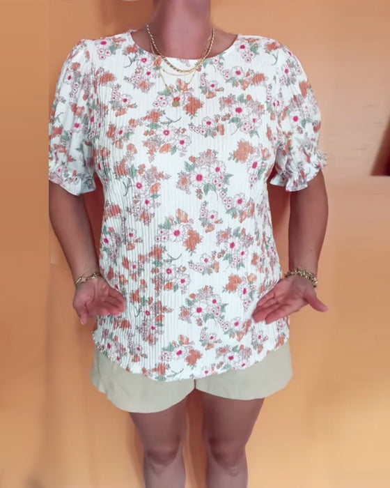 Bluse Rundhals Blumen Kurzarm