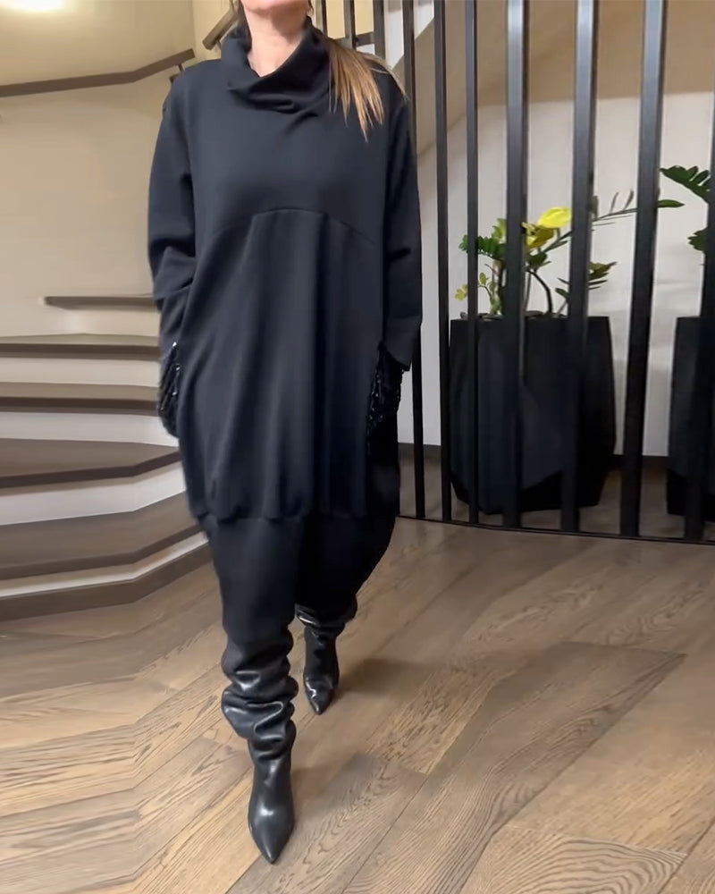 Sweatshirtkleid Hoher Kragen Plus Größe Glitzernd Tasche
