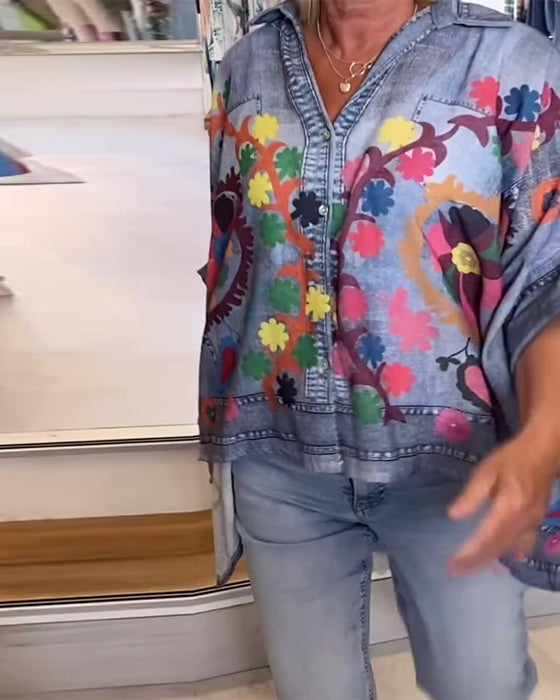 Blouse Unregelmäßiger Druck Gefälschter Denim