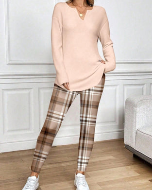 Set V-Ausschnitt Einfarbig Oberteil + Karo Hose Loungewear