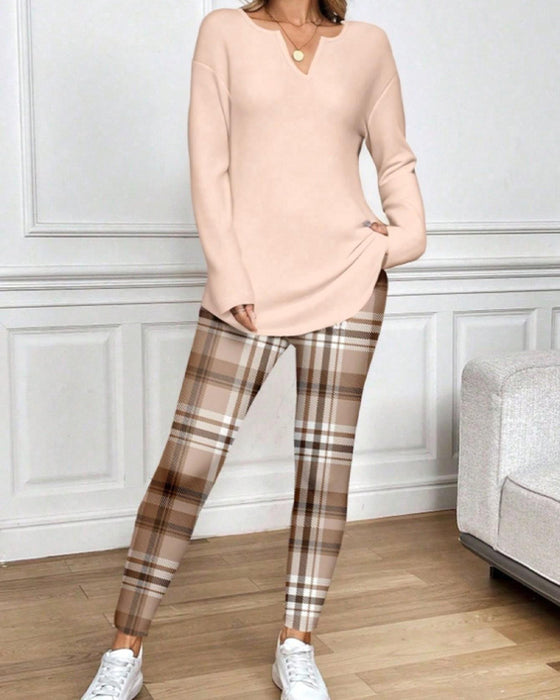 Set V-Ausschnitt Einfarbig Oberteil + Karo Hose Loungewear