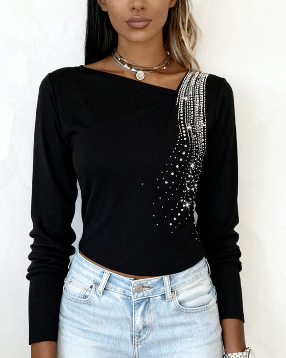 Unifarbenes langärmeliges Top mit Rhinestones