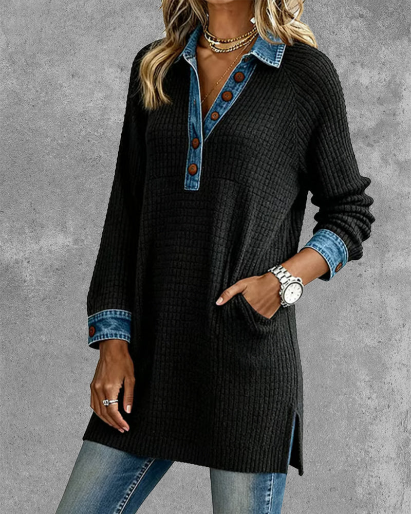 Top mit Revers und Kontrastfarben-Einsätzen