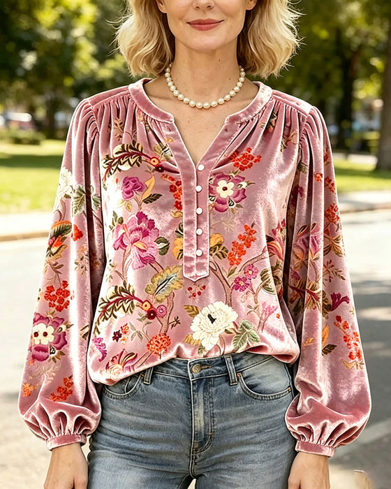 Bluse V-Ausschnitt Knopf Drapiert Blumen