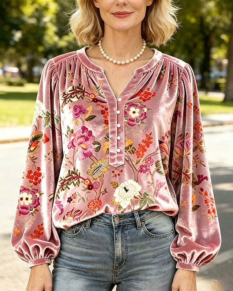 Bluse V-Ausschnitt Knopf Drapiert Blumen