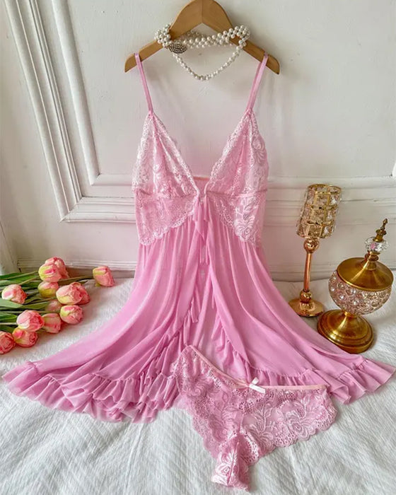 Cami Nachthemd & Schleifen-Deko Slip Set Damen Sexy Rüschenbesatz Spitze