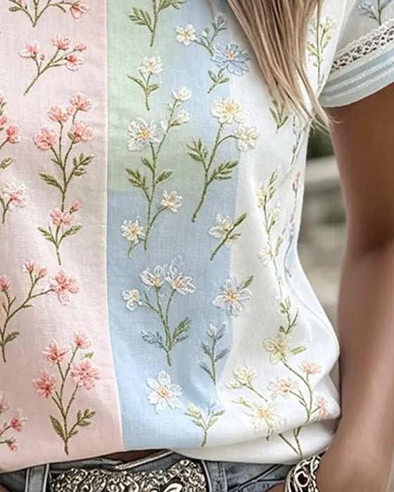 Bluse Spitze Patchwork Kontrast Blumig