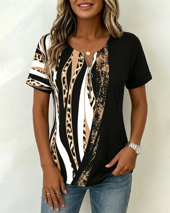 T-Shirt Reißverschluss Leopard Print Farbblock Lässig