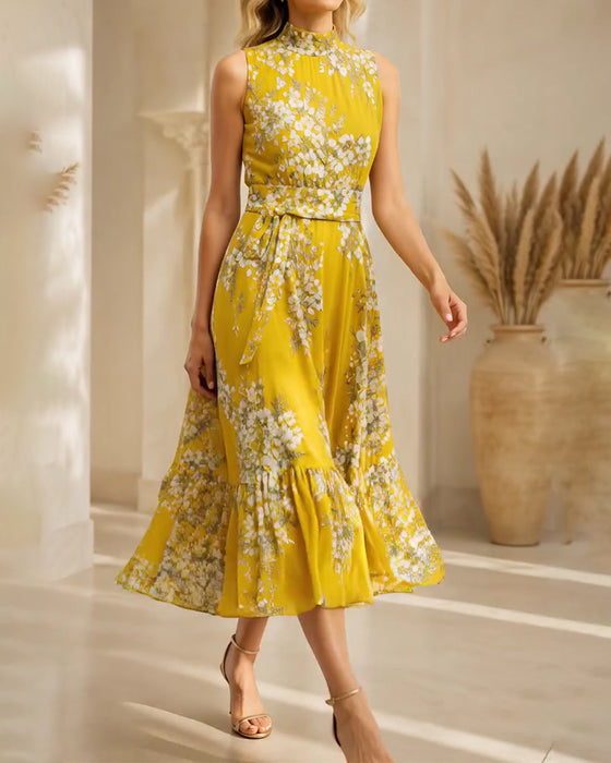 Kleid Mock Neck Ärmellos Tailliert Blumig