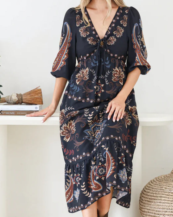 Kleid V-Ausschnitt Blasenärmel