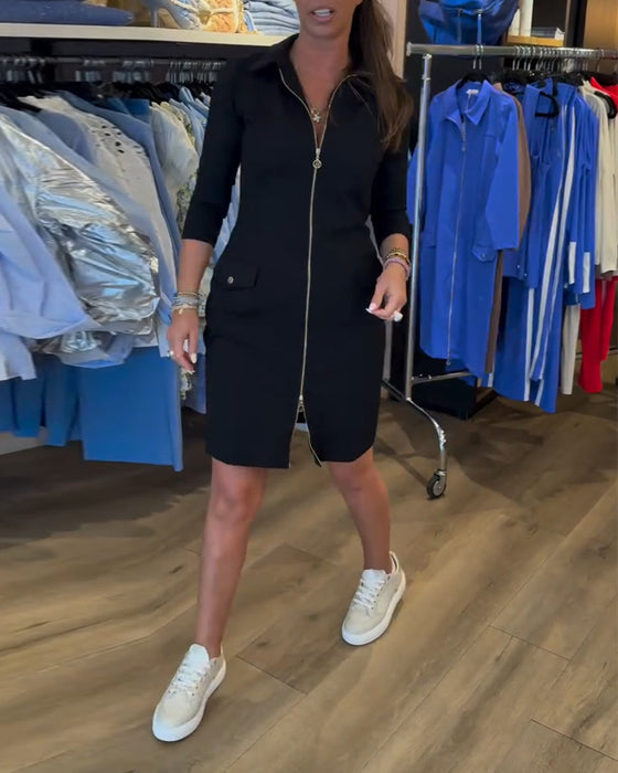 Kleid kragen einfarbig reißverschluss langarm