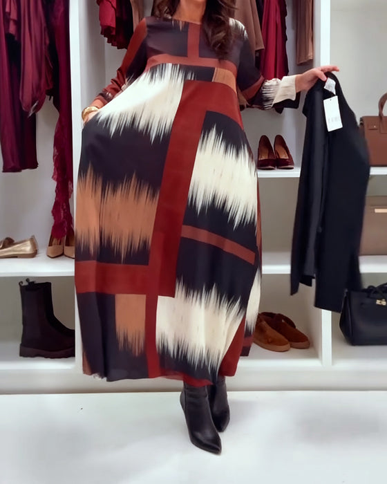 Modisches bedrucktes Kleid mit Rundhalsausschnitt und langen Ärmeln
