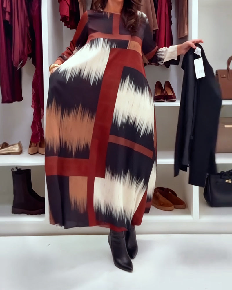 Modisches bedrucktes Kleid mit Rundhalsausschnitt und langen Ärmeln
