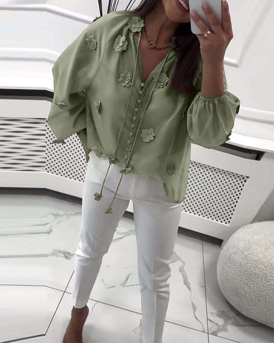 Bluse einfarbig 3D-Blumen Schnürung